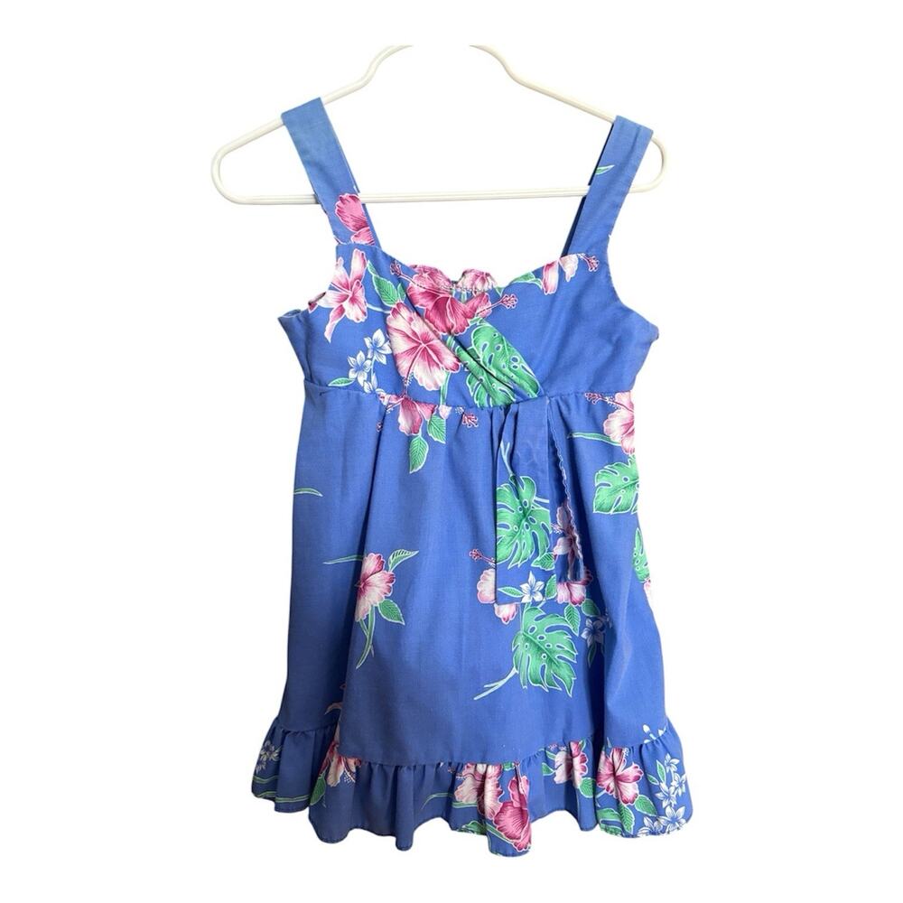 Vintage June Bug Hawaii Girls Dress Blue Floral Hibiscus Ruffle Hem Size 4 USA